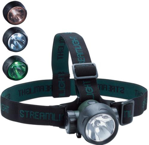 Streamlight Trident with (2) White and (1) Green LED with alkaline batteries. Rubber & Elastic straps. Green