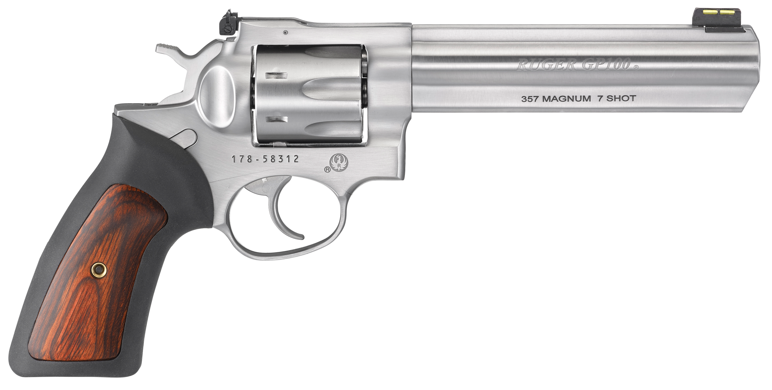 Ruger GP100 Revolver 1773, 357 Mag, 6", Black Rubber w/Wood Insert Grip, Satin Stainless Finish, 7 Rd