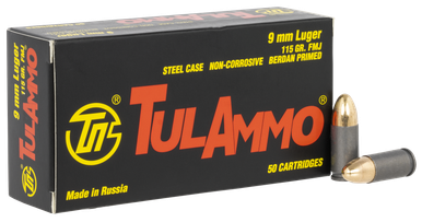 Tula Ammo TA919150 Steel Case Pistol Ammo 9mm Luger 115 gr Full Metal Jacket (FMJ) - 50 Rounds per Box