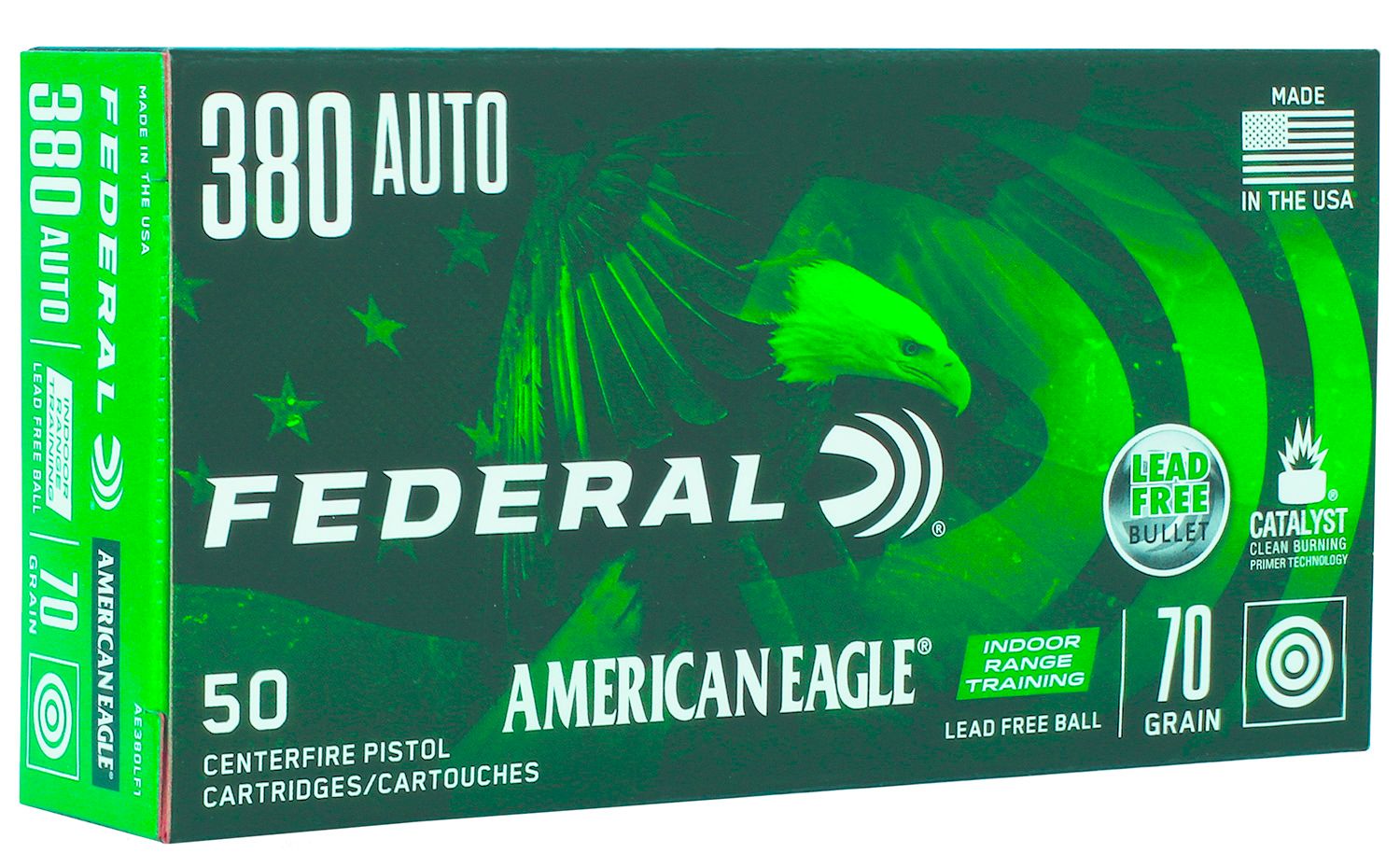 Federal American Eagle Pistol Ammunition AE380LF1, 380 ACP, 70 gr, 1110 fps, 50 Rd/Bx