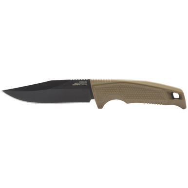 SOG Recondo FX Fixed Blade Knife - 4.61" CRYO 440C Black TiNi Clip Point Plain, FDE GRN Handles, Universal Mounting System GRN Sheath