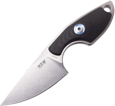 MKM Knives Mikro 1 Fixed Blade Neck Knife - 1.97" M390 Stonewashed Drop Point Blade, Black G10 Handles, Leather Sheath