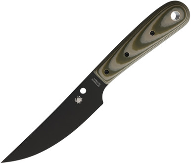 Spyderco Bow River Fixed Blade Knife - 4.4" 8Cr13MoV Black Blade, Tan/OD Green G10 Handles, Leather Sheath