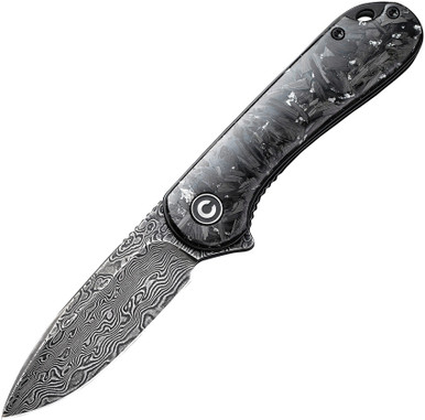 CIVIVI Knives C907C-DS2 Elementum Flipper Knife - 2.96" Damascus Blade, Contoured Silver Shred Carbon Fiber Handles
