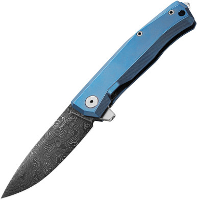 lionSTEEL MT01D-BL Myto Flipper Knife - 3.27" Nichols Scrambled Damascus Blade, Blue Titanium Handles