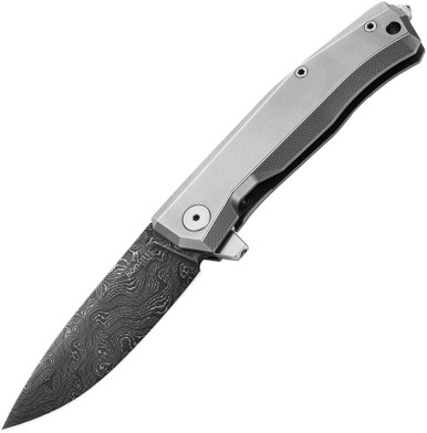 lionSTEEL MT01D-GY Myto Flipper Knife - 3.27" Nichols Scrambled Damascus Blade, Gray Titanium Handles