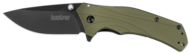 Kershaw Knockout Assisted Flipper Knife - 3.25" Black Plain Blade, Olive Drab Aluminum Handles