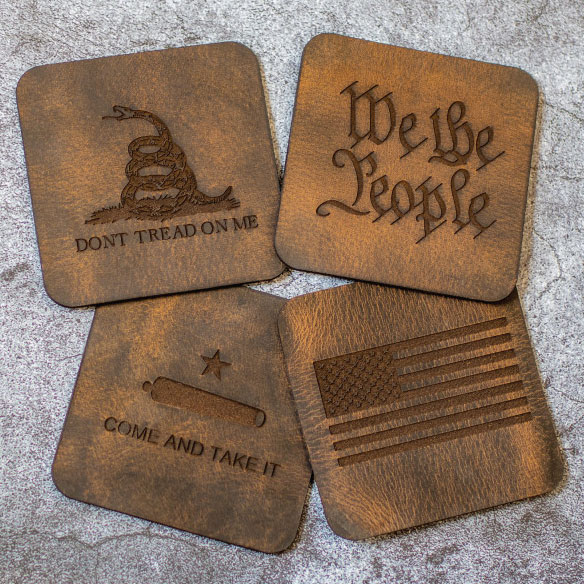 Versacarry "Don't Tread On Me" Coaster Set (M232), 4" x 4", Set of 4, Distressed Brown Water Buffalo Leather