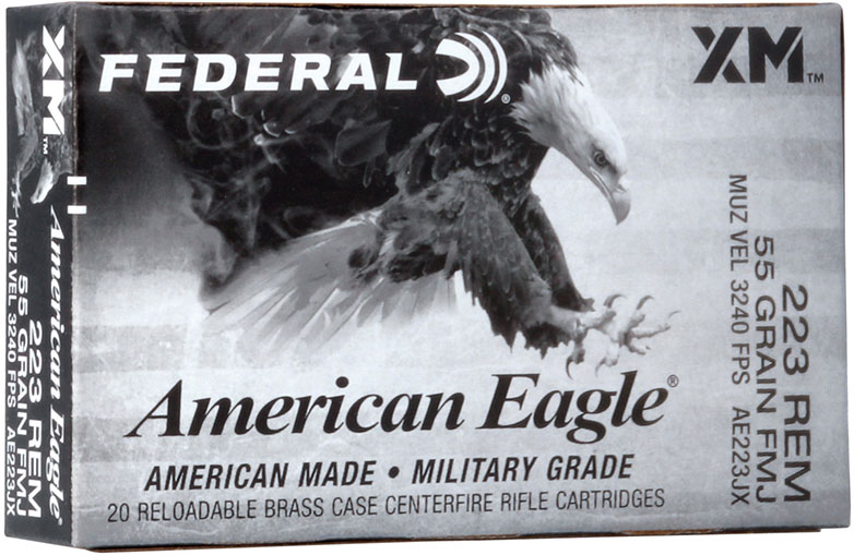 Federal American Eagle Rifle Ammunition AE223JX, 223 Remington, Full Metal Jacket (FMJ), 55 gr, 3240 fps, 20 Rd/Bx