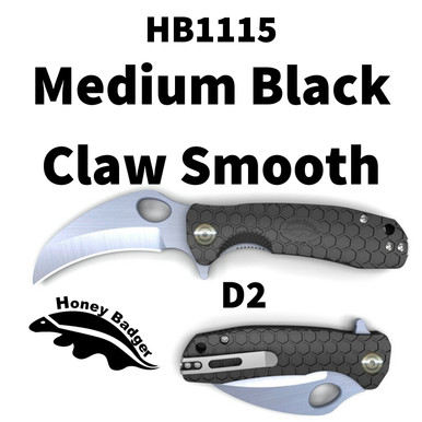 Honey Badger HB1115 Claw Smooth Flipper - Medium Size - 3.0" D2 Steel Blade, Black