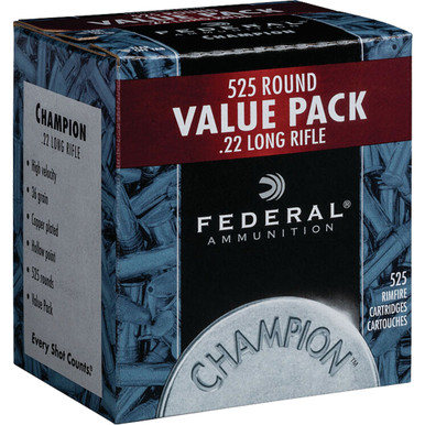 Federal Champion Training Rimfire Ammo 22 LR 36 gr. Copper-Plated Hollow Point 525 rd.