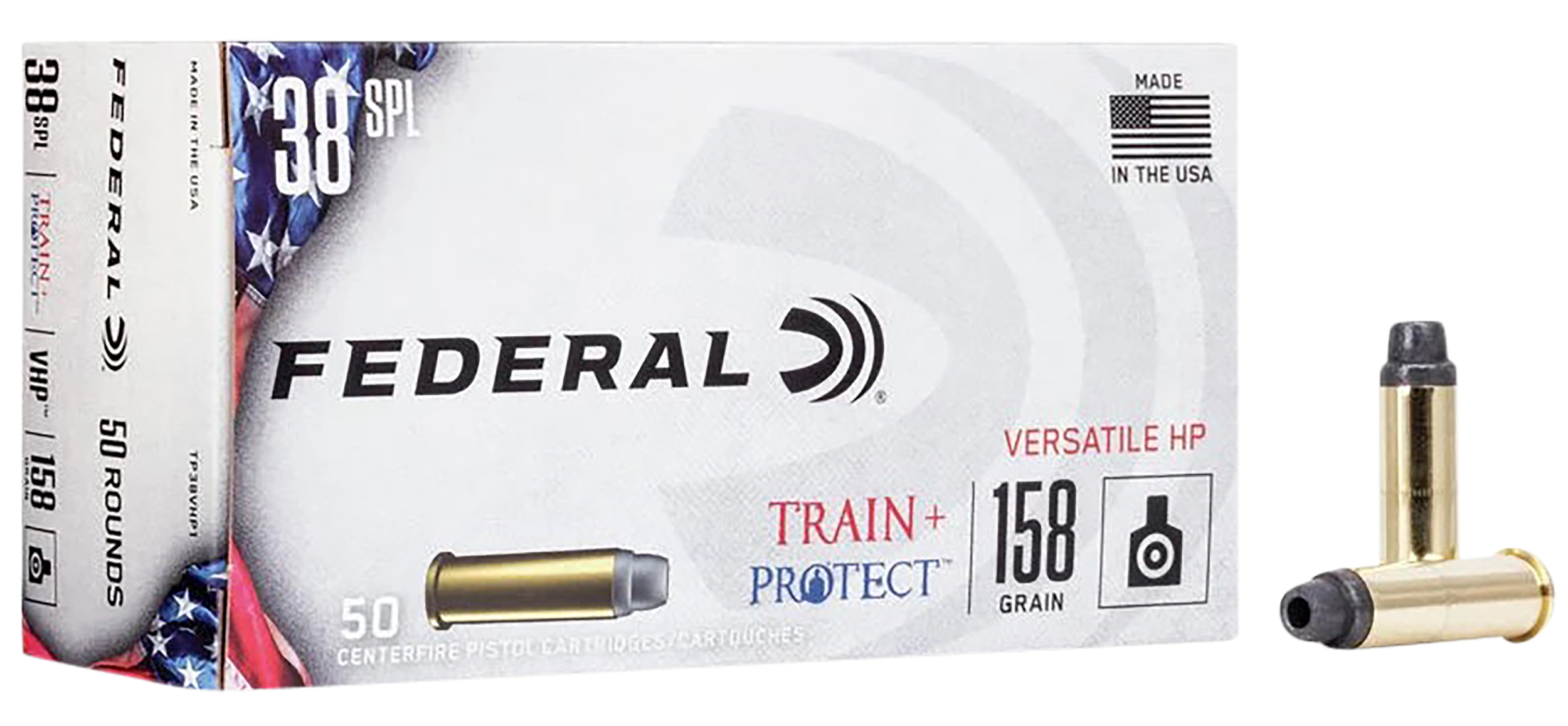 Federal Train & Protect Pistol Ammunition TP38VHP1, 38 Special, Versatile Hollow Point, 158 gr, 50 Rd/Bx