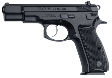 CZ-USA 91130 CZ 75 BD - 9mm Luger Caliber with 4.60" Non-Tilted Barrel, 16+1 Capacity, Black Polycoat Finish Serrated Trigger Guard & Beavertail Frame, Inside Railed Black Slide, Polymer Grip & Decocker Safety