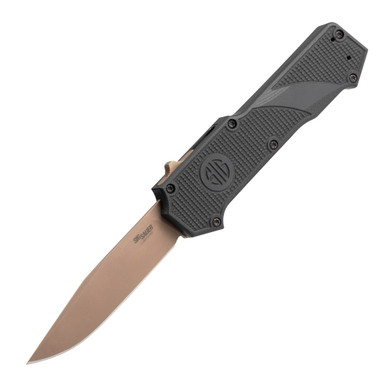 SIG Sauer by Hogue Compound Tactical OTF AUTO Folding Knife - 3.5" CPM-S30V FDE PVD Coated Clip Point Blade, Black Aluminum Handle with G10 Scales - 36030