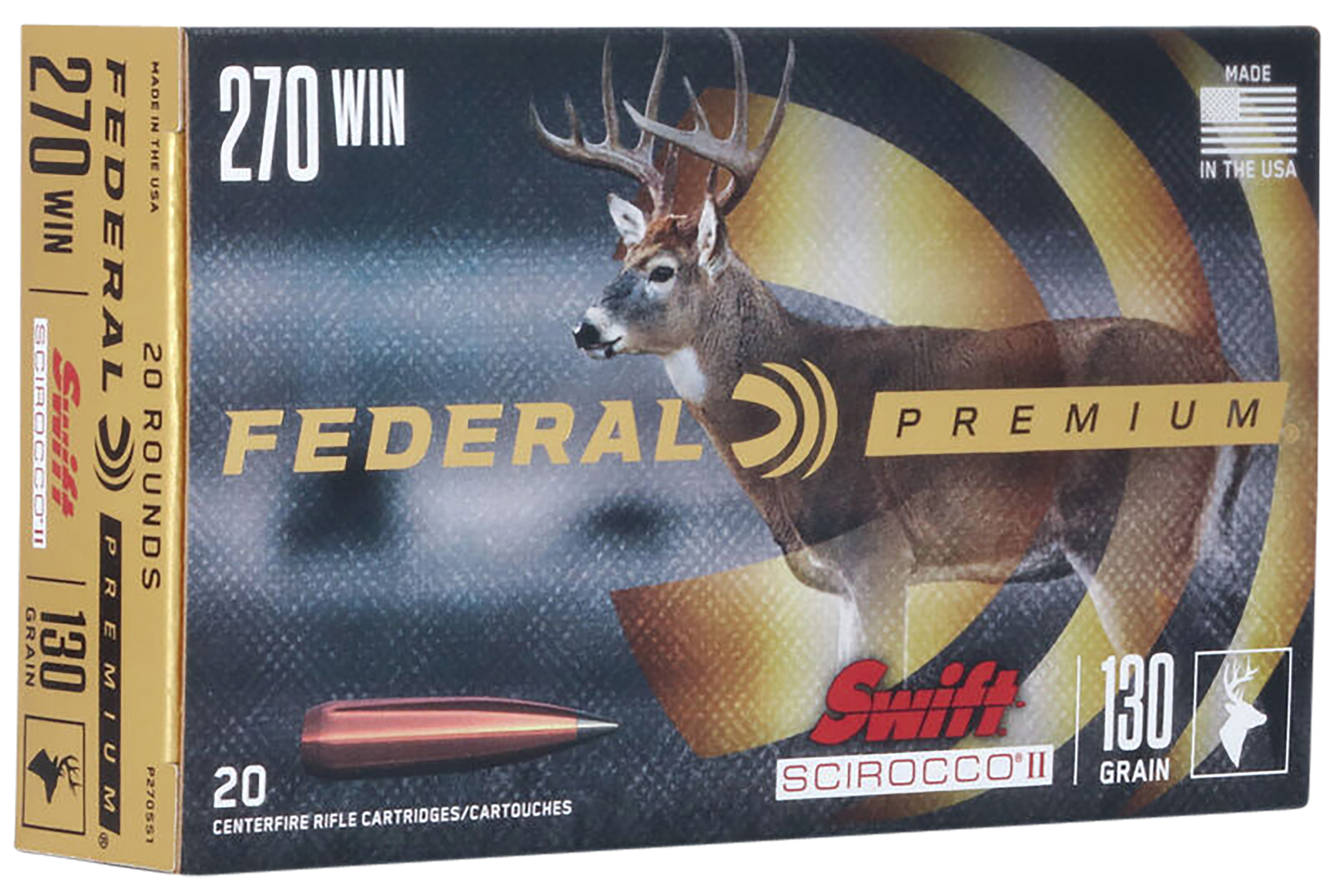 Federal Premium Rifle Ammunition P270SS1, 270 Win, Swift Scirocco II, 130 gr, 3050 fps, 20 Rd/Bx