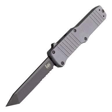 HK Knives Hadron OTF AUTO Knife - 3.375" 154CM Black Combo Tanto Blade, Gray Aluminum Handles