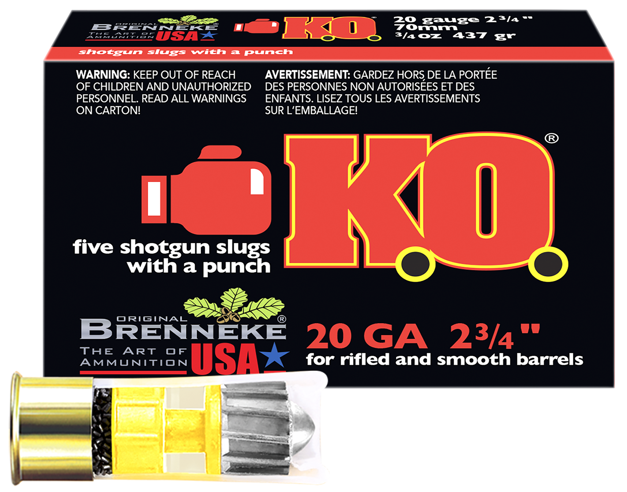 Brenneke SL202KO K.O. 20 Gauge 2.75" 3/4 oz Slug 5 Rd - Box or Case