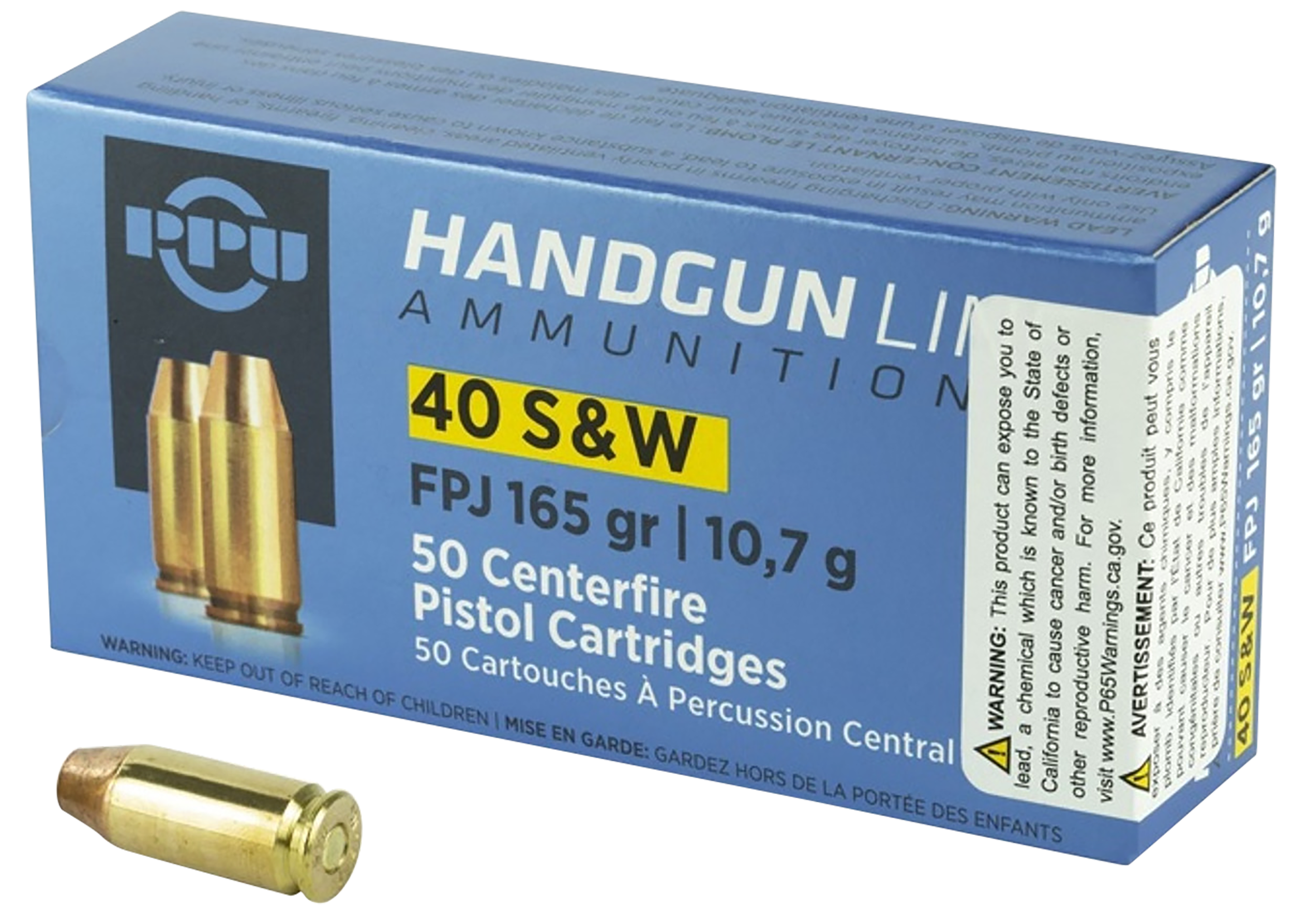 PPU PPH40F Handgun 40 S&W 165 gr Flat Point Jacketed (FPJ) - Box or Case