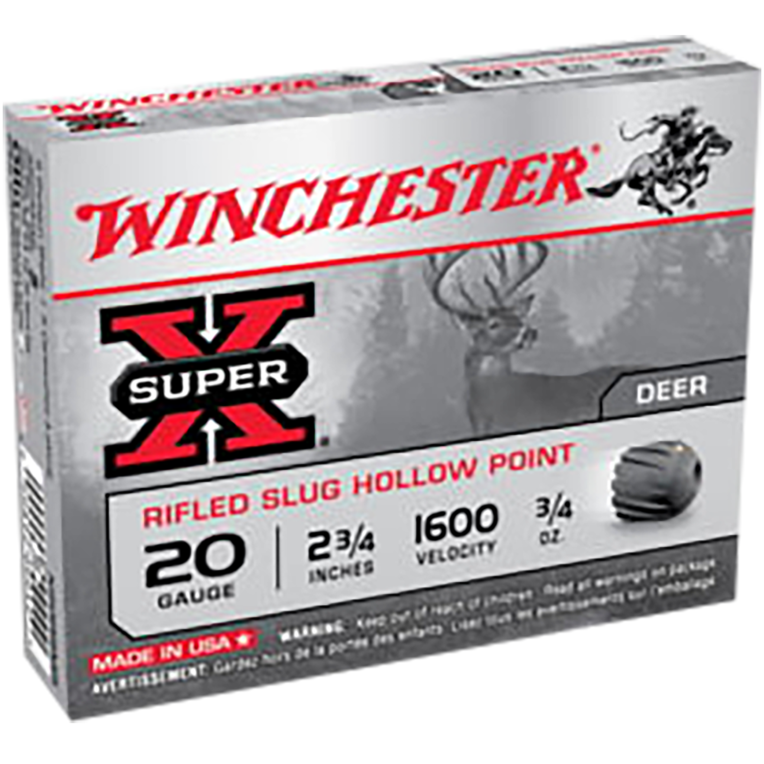 Winchester Ammo Super X 20 Gauge 2.75" 3/4 oz Rifled Slug Hollow Point 15 Rd - Box or Case