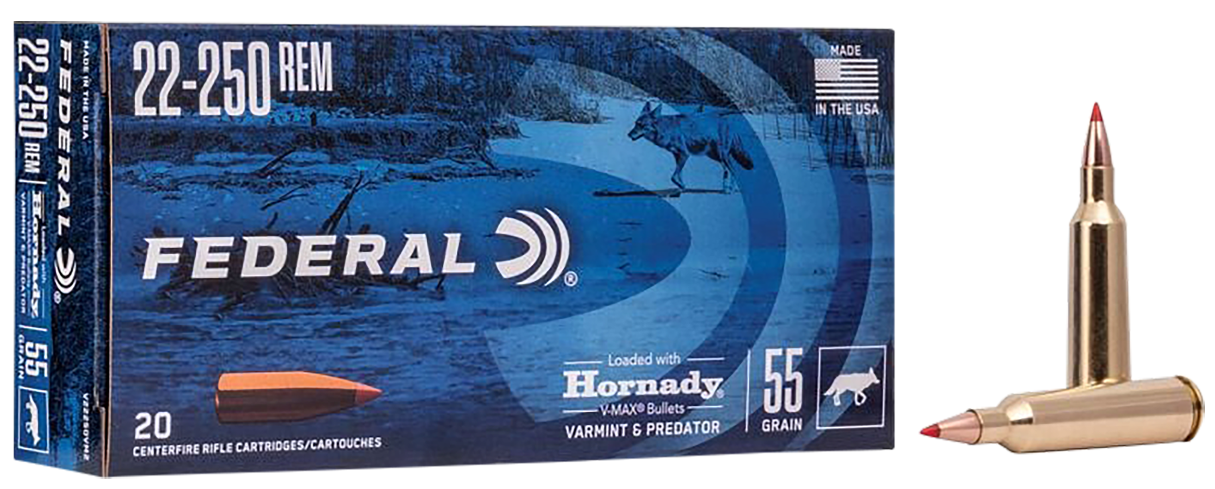 Federal Varmint & Predator Rifle Ammunition V22250VM2, 22-250 Remington, V-Max, 55 GR, 3670 fps, 20 Rd/Bx