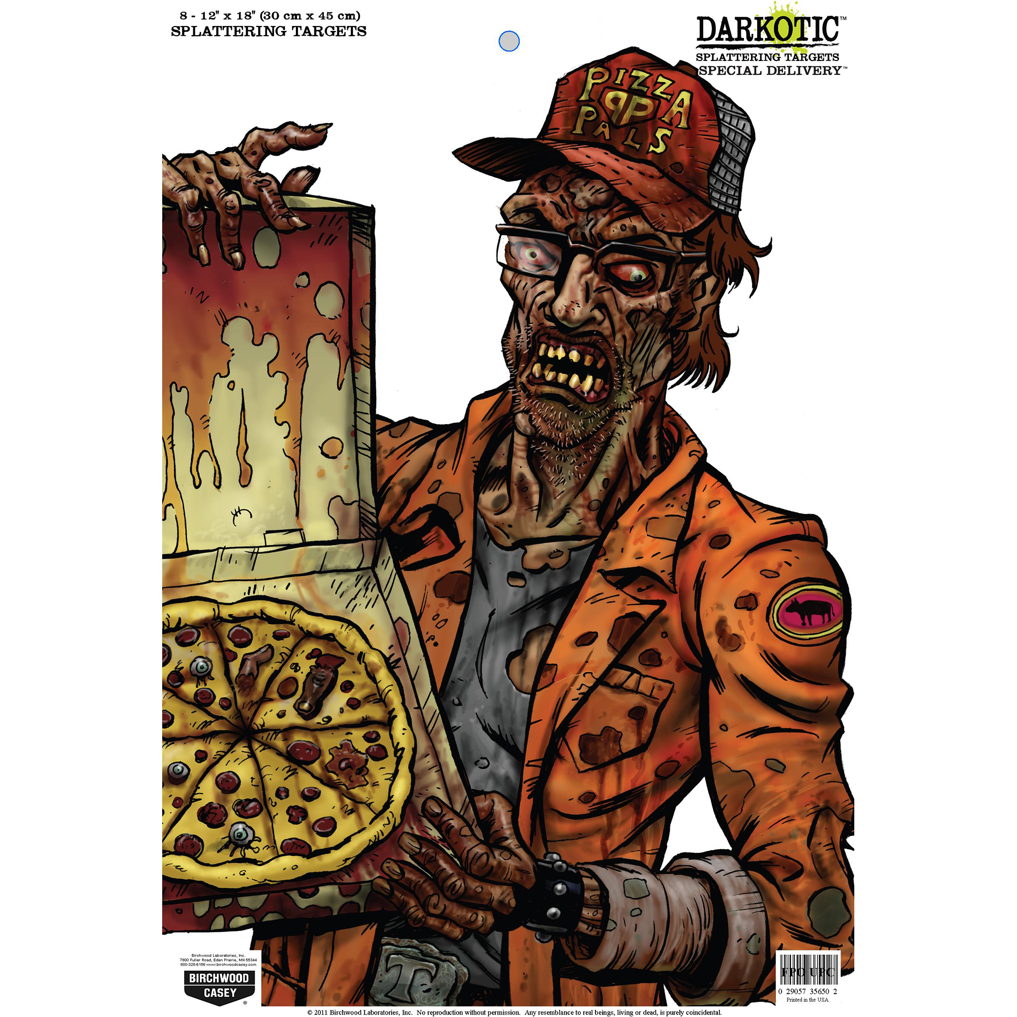 Birchwood Casey 35650 Darkotic Special Delivery Zombie Pizza Delivery Paper Hanging Universal 12” x 18” Multi-Color Impact Enhancement Splatter 8 Per Pkg