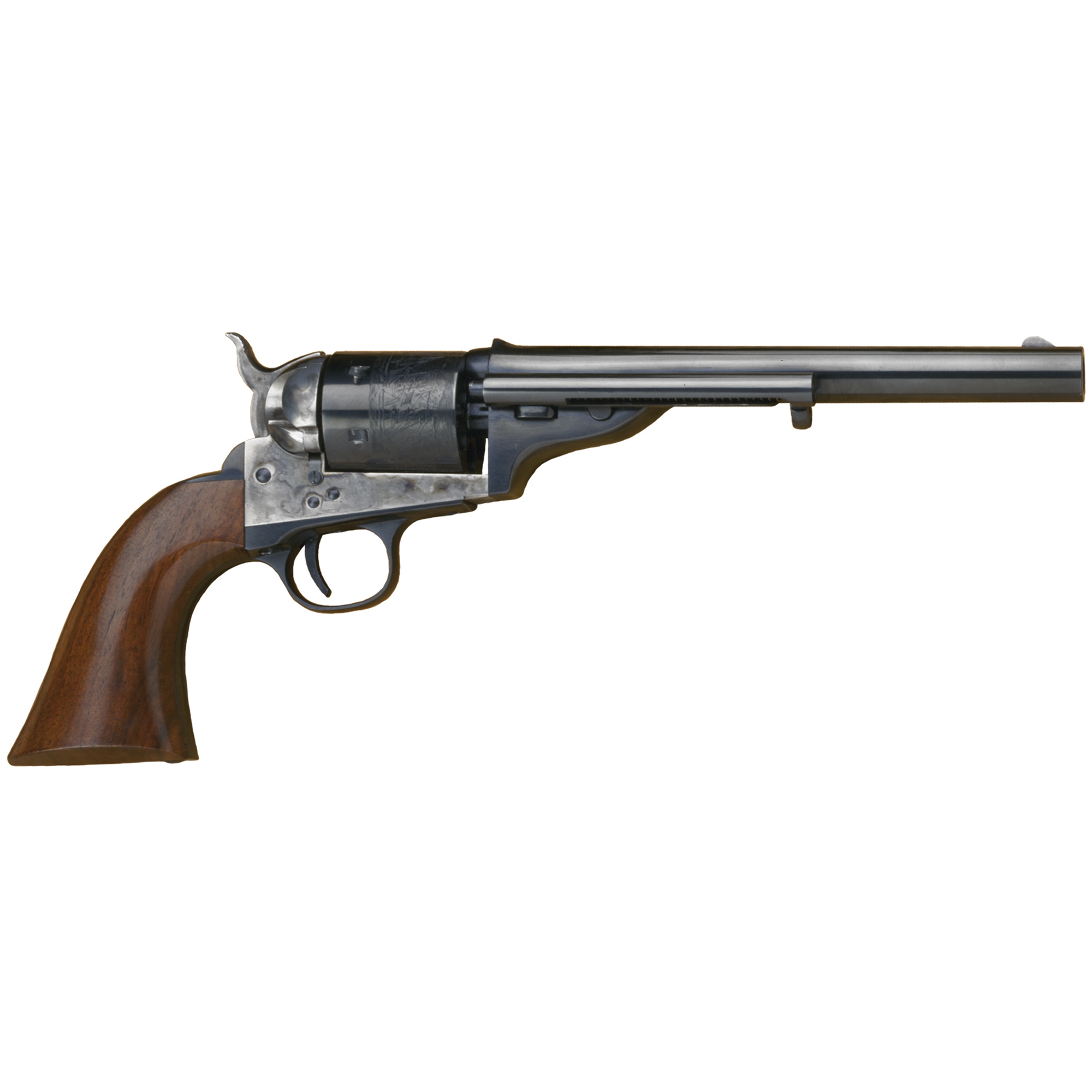 Cimarron CA916 1872 Open Top Army 45 Colt (Long Colt) 6 Shot 7.50” Blued Steel Barrel, Blued Cylinder, Color Case Hardened Steel Frame, Walnut Grip, Exposed Hammer