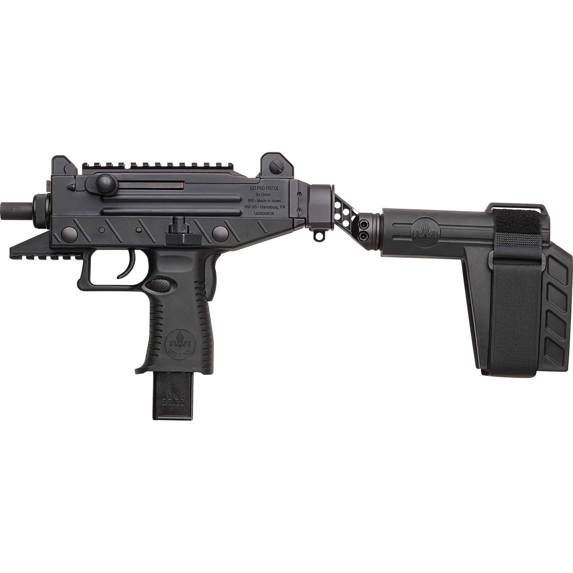 IWI Uzi Pro 9mm Pistol 4.50” 25+1 Black Hard Coat Anodized Black Polymer Grip Side Folding Pistol Brace