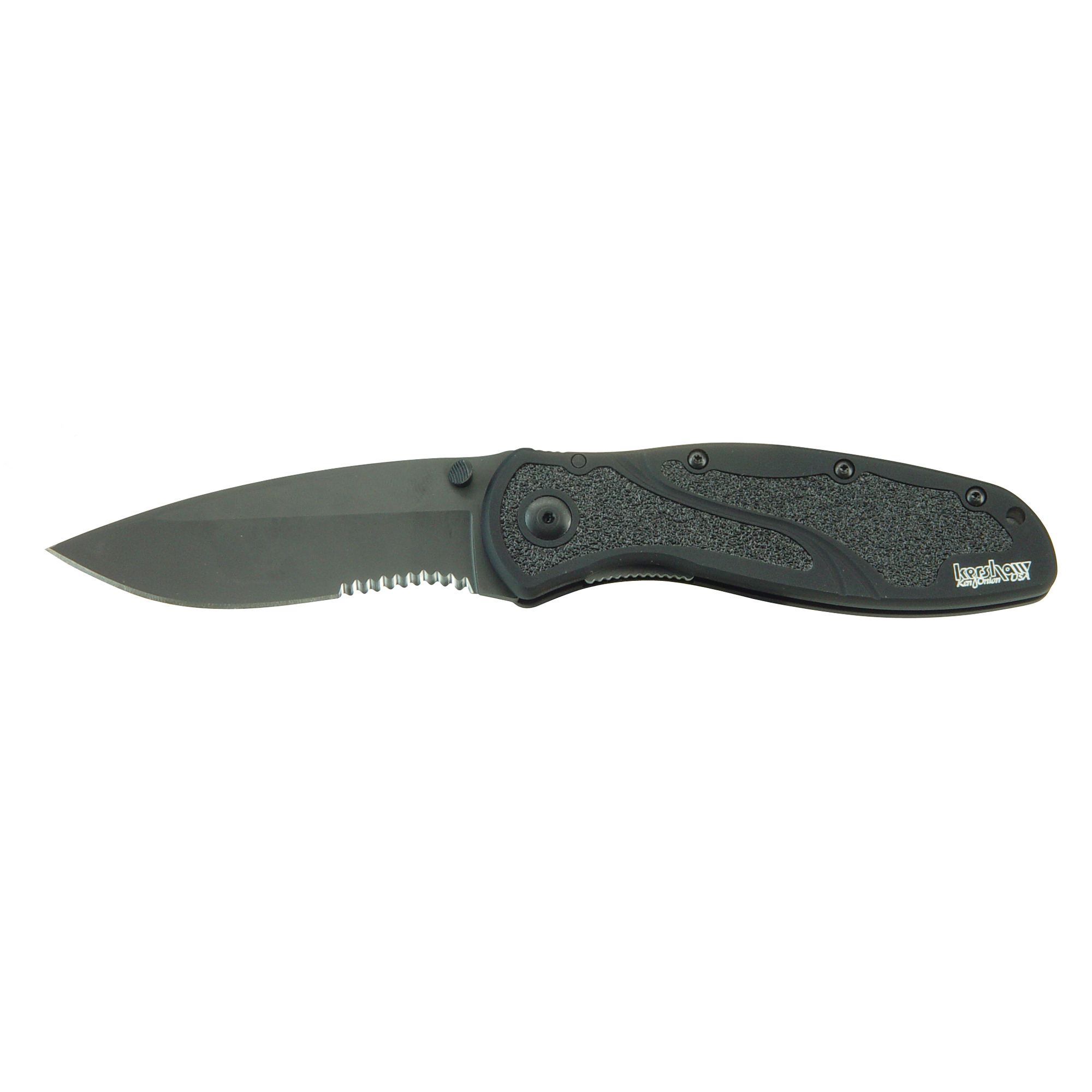 Kershaw 1670BLKST Blur 3.40” Folding Drop Point w/Recurve Part Serrated Black DLC 14C28N Steel Blade Black Anodized Aluminum Handle Includes Pocket Clip
