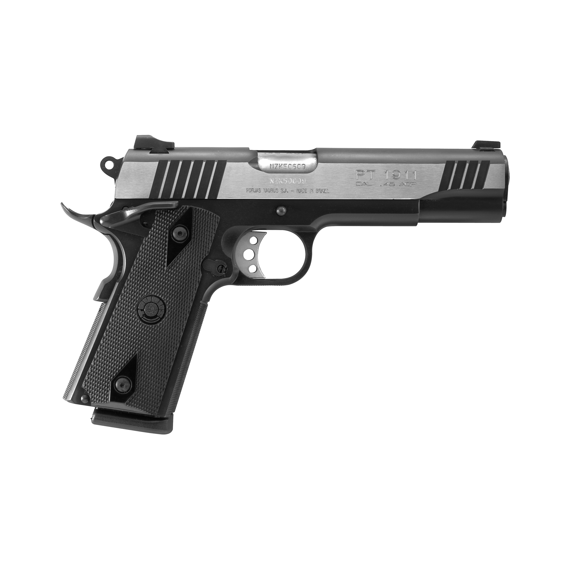 Taurus 1-191101DT 1911 45 ACP Caliber with 5” Barrel, 8+1 Capacity, Matte Black Finish Beavertail Frame, Serrated Stainless Steel with Black Accents Slide & Checkered Polymer Grip Includes 2 Mags