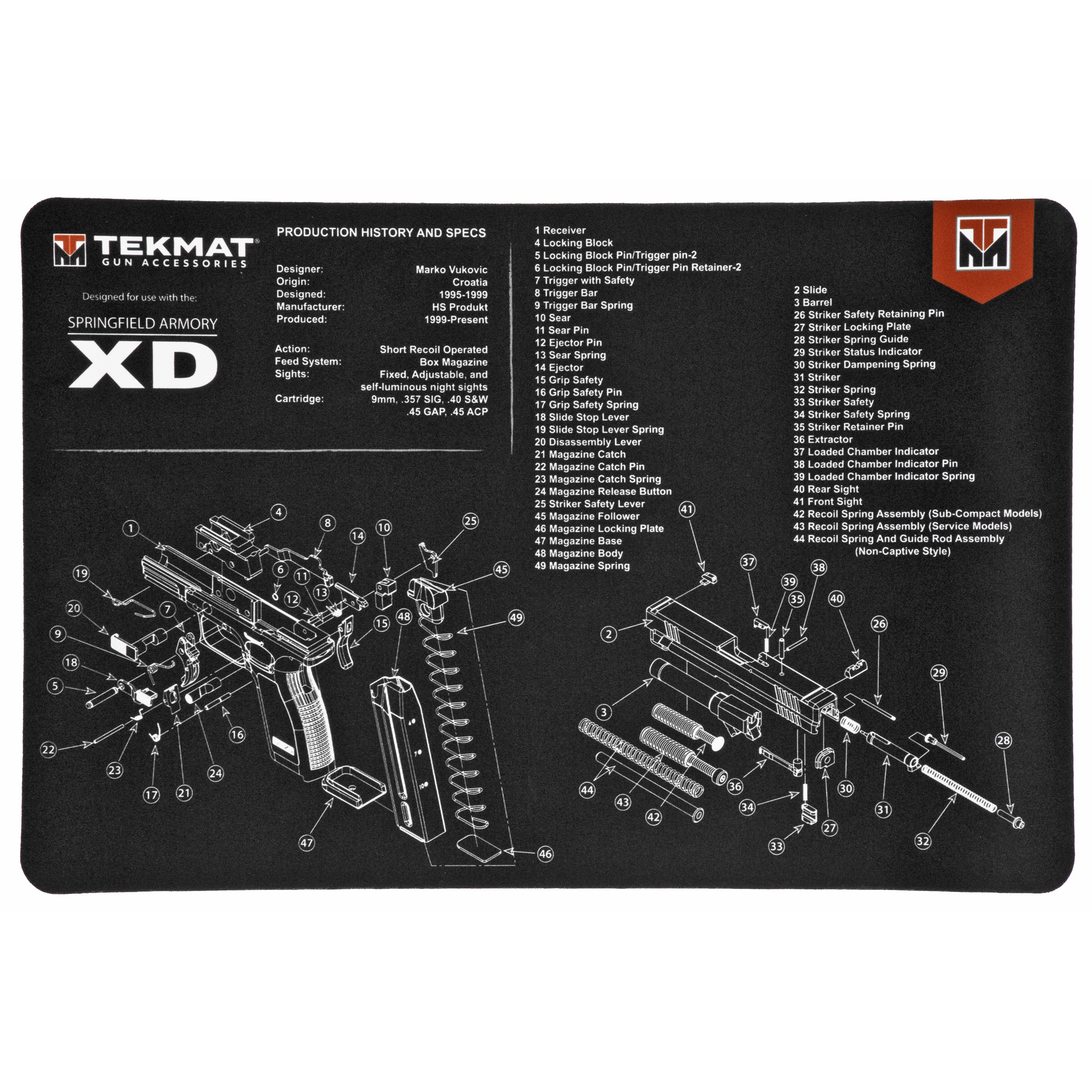 TekMat TEKR17XD Springfield Armory XD Cleaning Mat Black/White Rubber 11”x17” Springfield Armory XD Parts Diagram