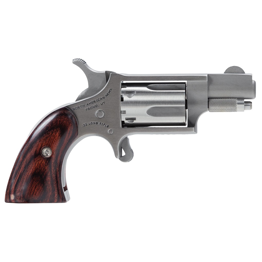 North American Arms 22LRGBG Mini-Revolver Sports South Exclusive 2 LR 5 Shot 1.13” Stainless Steel Barrel, Frame & Cylinder, Wood Boot Grip, Exposed Hammer