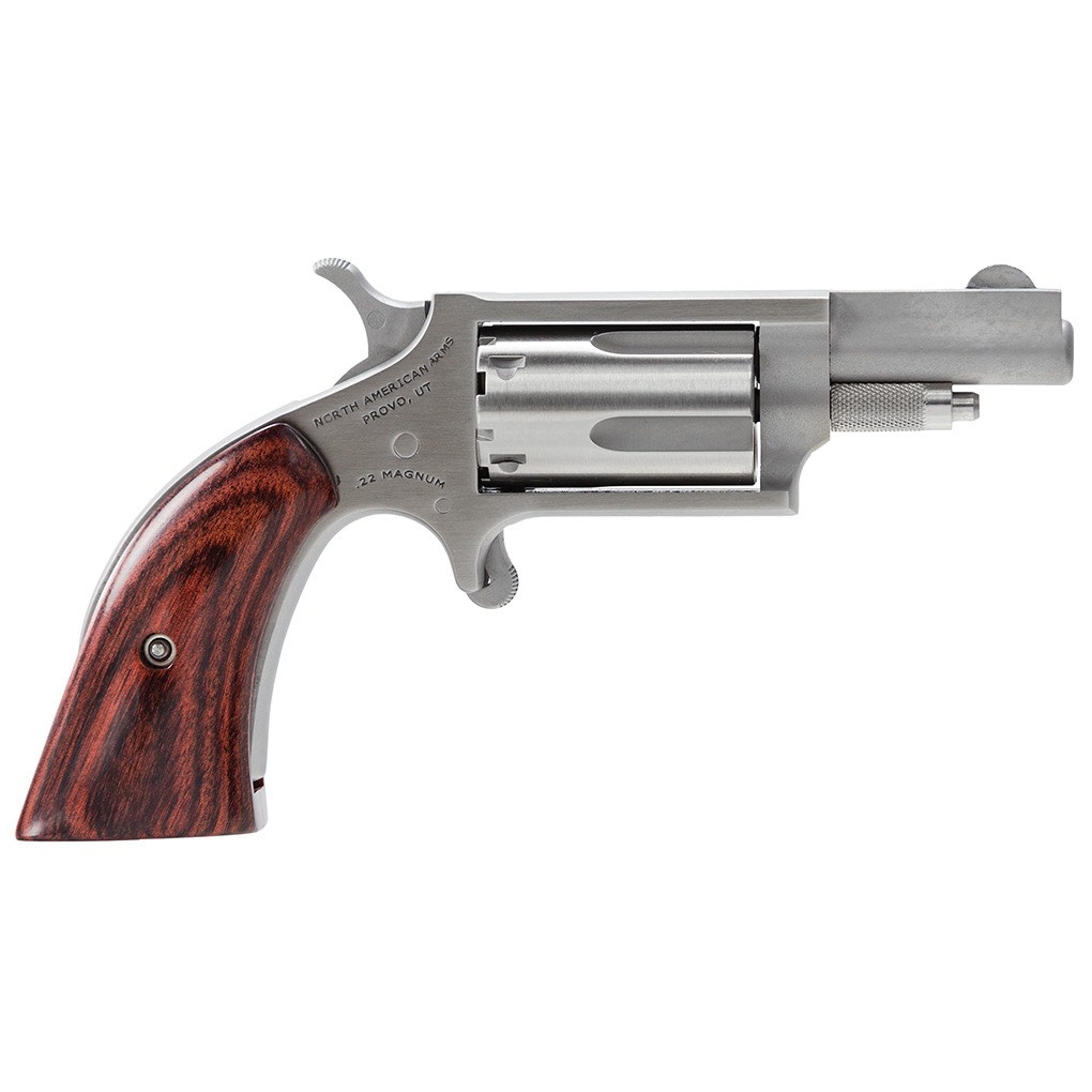 North American Arms 22MGBG Mini-Revolver Sports South Exclusive 22 WMR 5 Shot 1.63” Stainless Steel Barrel, Frame & Cylinder, Wood Boot Grip, Exposed Hammer