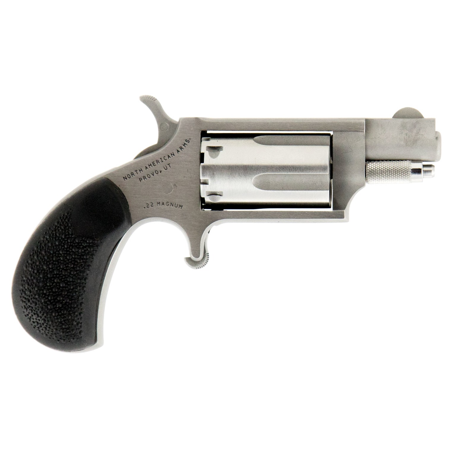 North American Arms 22MSGRCHSS Mini-Revolver Carry Combo Sports South Exclusive 22 WMR 5 Shot 1.13” Stainless Steel Barrel, Frame & Cylinder, Black Rubber Grip, Exposed Hammer, Side Carry Holster