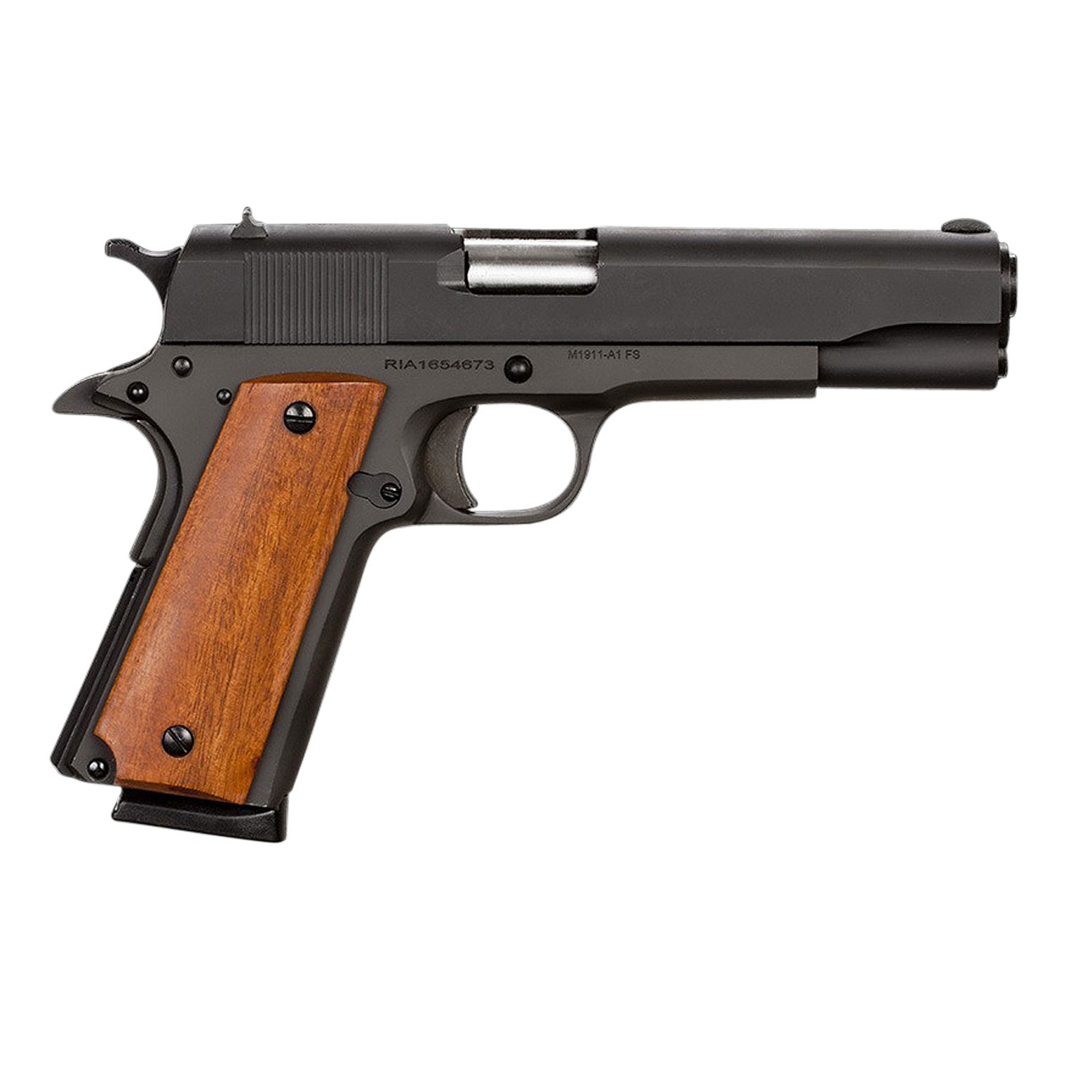 Rock Island 51421MA GI Standard FS *MA Compliant 45 ACP Caliber with 5” Barrel, 8+1 Capacity, Overall Black Parkerized Finish Steel, Beavertail Frame, Serrated Slide & Wood Grip