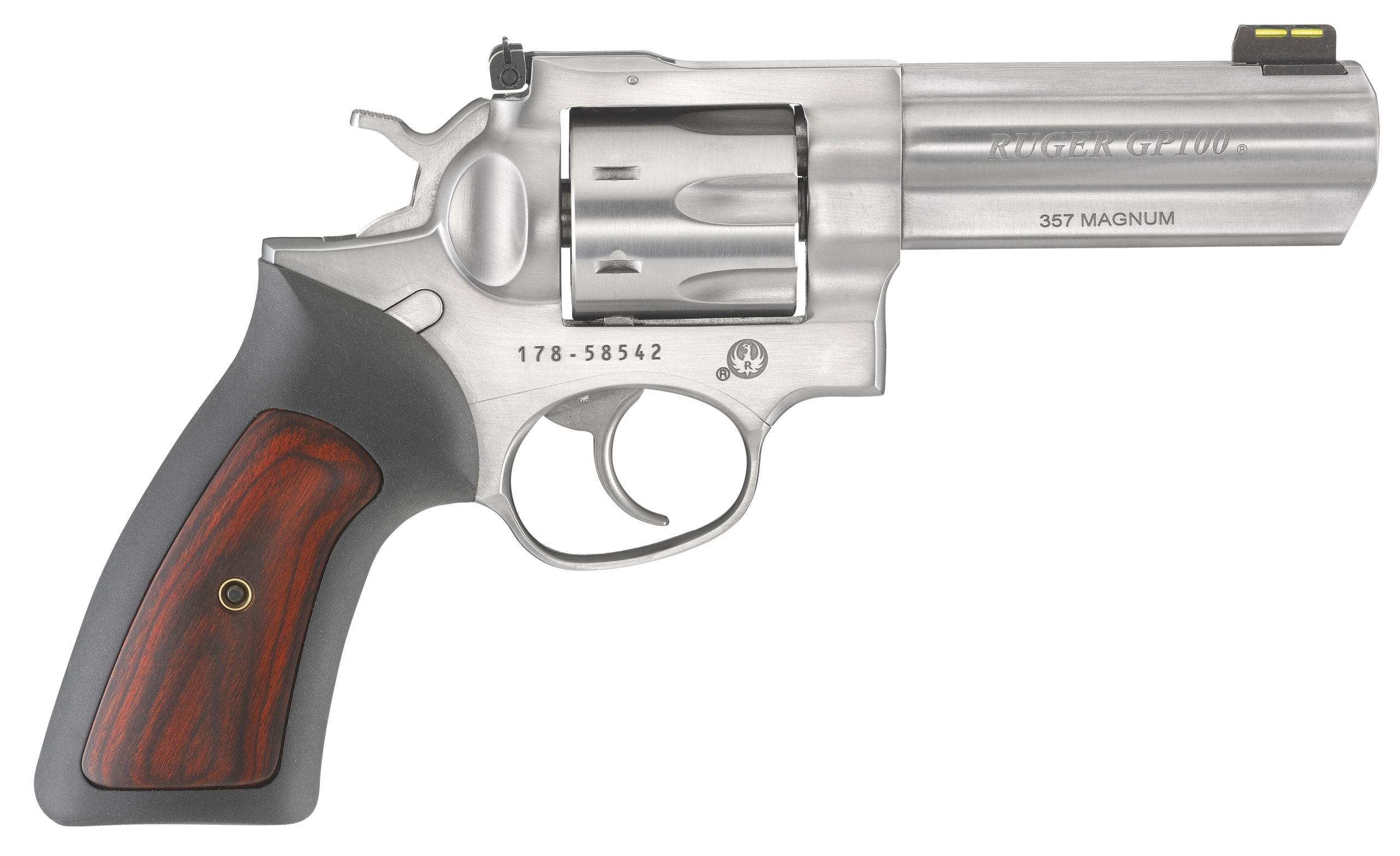 Ruger GP100 Revolver 1771, 357 Mag, 4.20", Black Rubber w/Wood Insert Grip, Satin Stainless Finish, 7 Rd