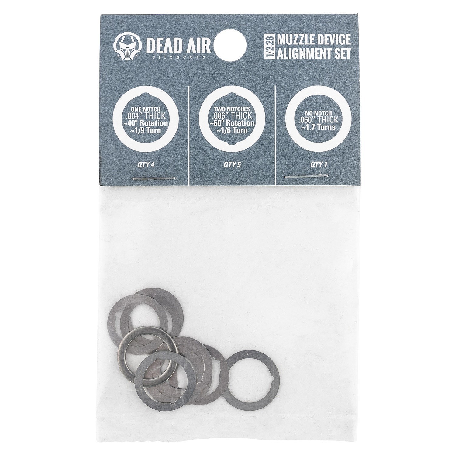 Dead Air DA001 Shim Kit 1/2”-28 tpi 3 Different Shim Thicknesses Included (.004”, .006”, .060”)