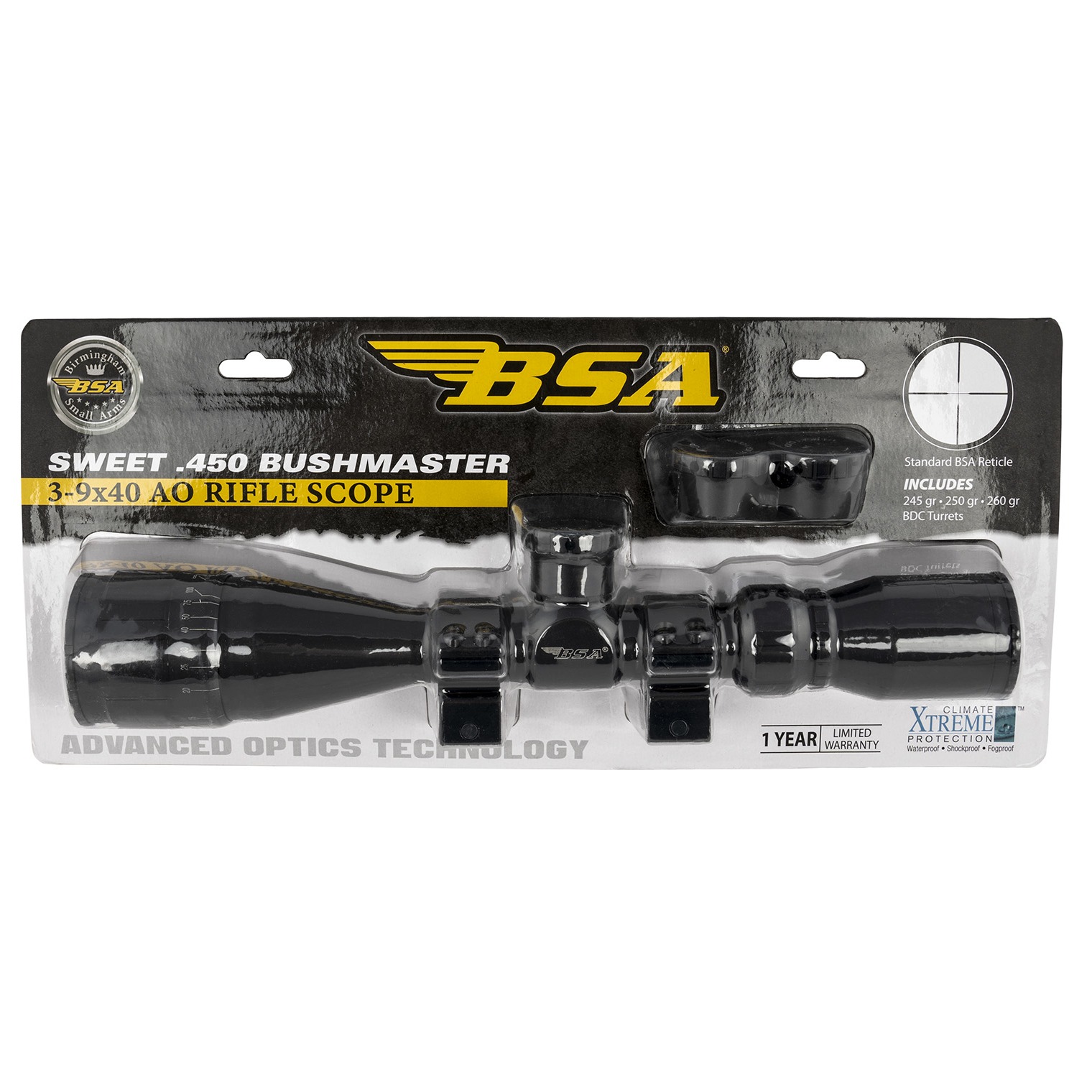 BSA 45039X40AOWRTB Sweet 450 Bushmaster Matte Black 3-9x40mm AO 1” Tube 30/30 Reticle Features Weaver Rings