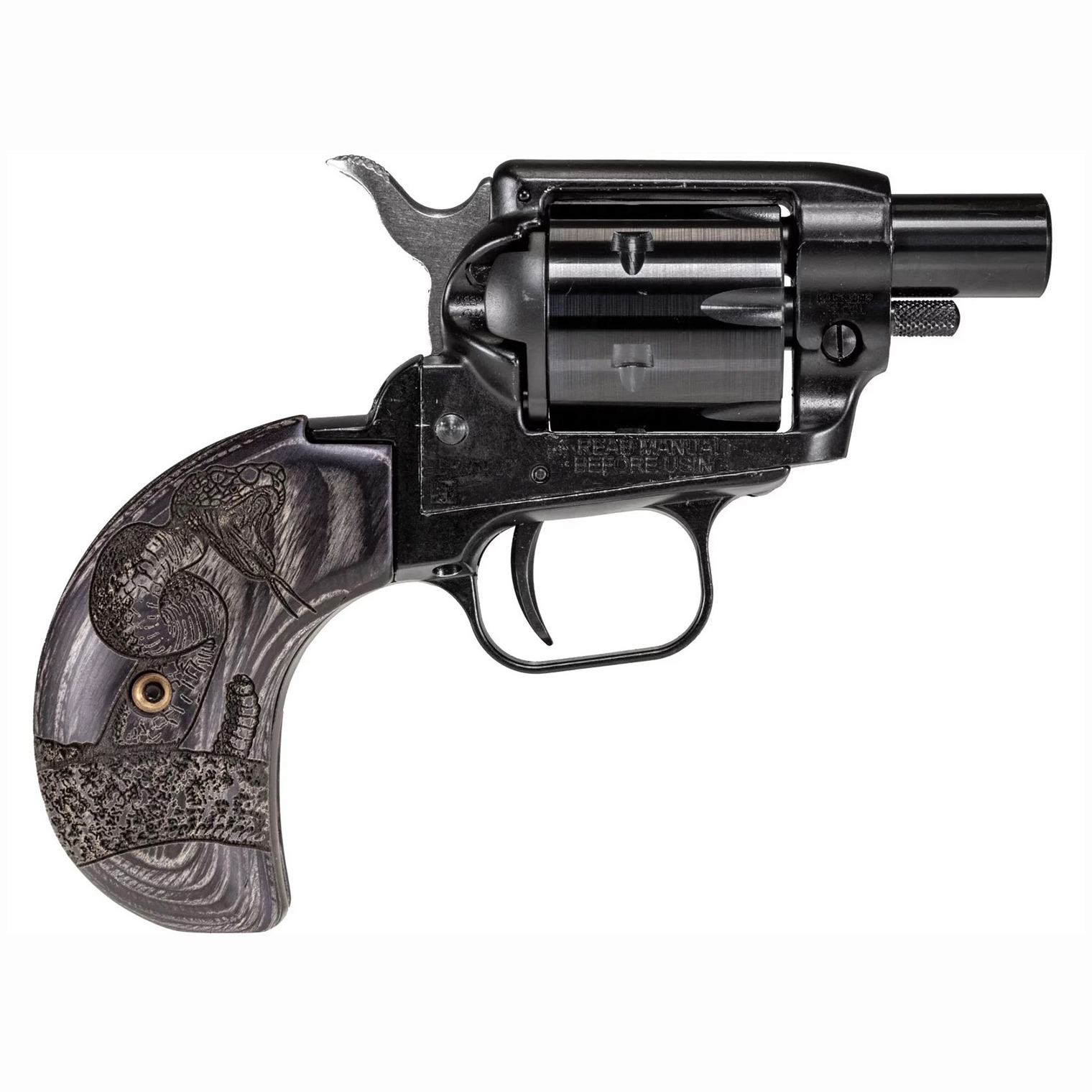 Heritage Mfg BK22B1BHWBRN2 Barkeep Boot 22 LR 6 Shot, 1.68” Black Steel Barrel, Black Oxide Zinc Alloy Frame, Black Cylinder Wood Engraved Birdshead Grip, Hammer/Thumb Safety, Exposed Hammer