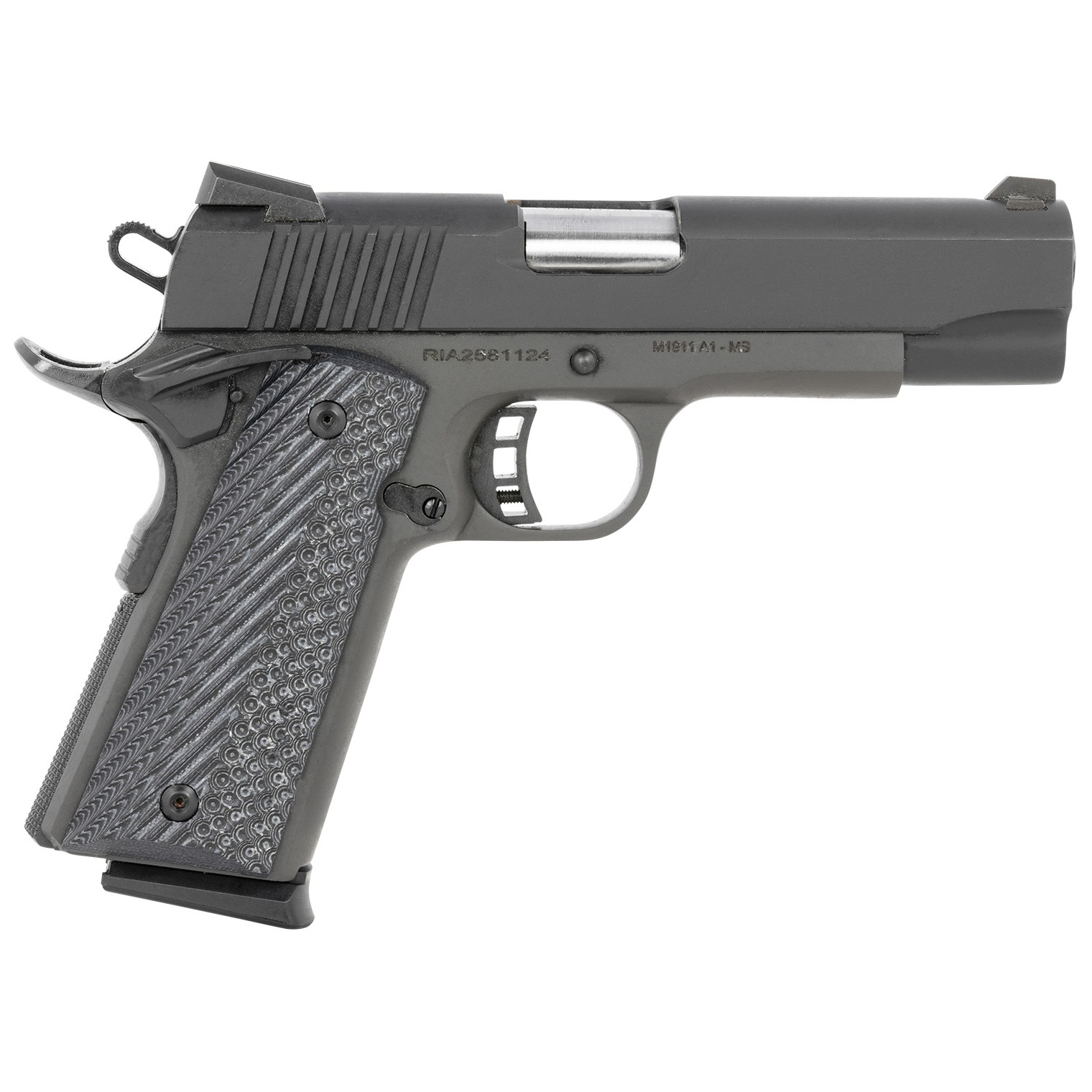 Rock Island 51531 M1911-A1 Standard MS 45 ACP 8+1 4.30” Button-Rifled Barrel, Black Parkerized Steel Frame w/Beavertail, Parkerized Serrated Slide, Black/Gray G10 Grip, Grip Safety
