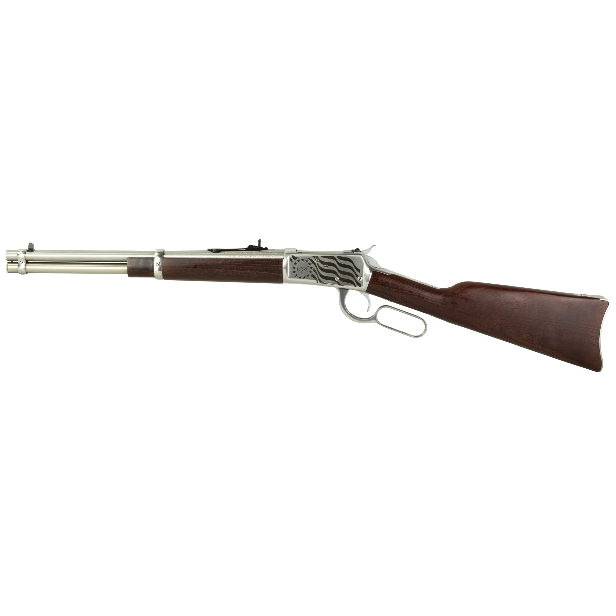 Rossi 920441693EN1 R92 Carbine 44 Rem Mag 8+1 16” Stainless Steel Barrel, Stainless w/1776 Flag Engraving Steel Receiver, Hardwood Fixed Stock, Right Hand