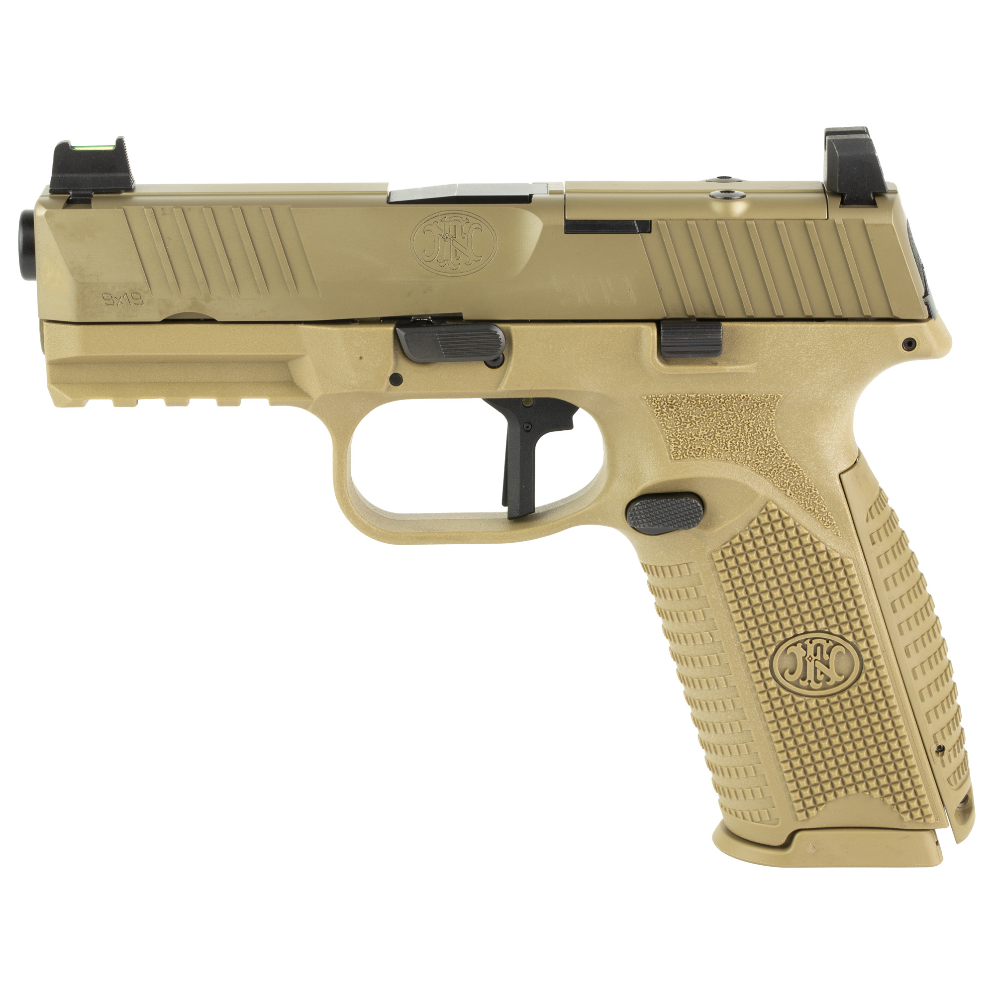 FN 66101653 509 MRD FOS Bundle 9mm Luger 24+1 4” Black Recessed Target Crown Steel Barrel, Flat Dark Earth PVD Optic Ready/Serrated SS Slide & Polymer Frame w/Picatinny Rail, Ambidextrous, 5 Magazines