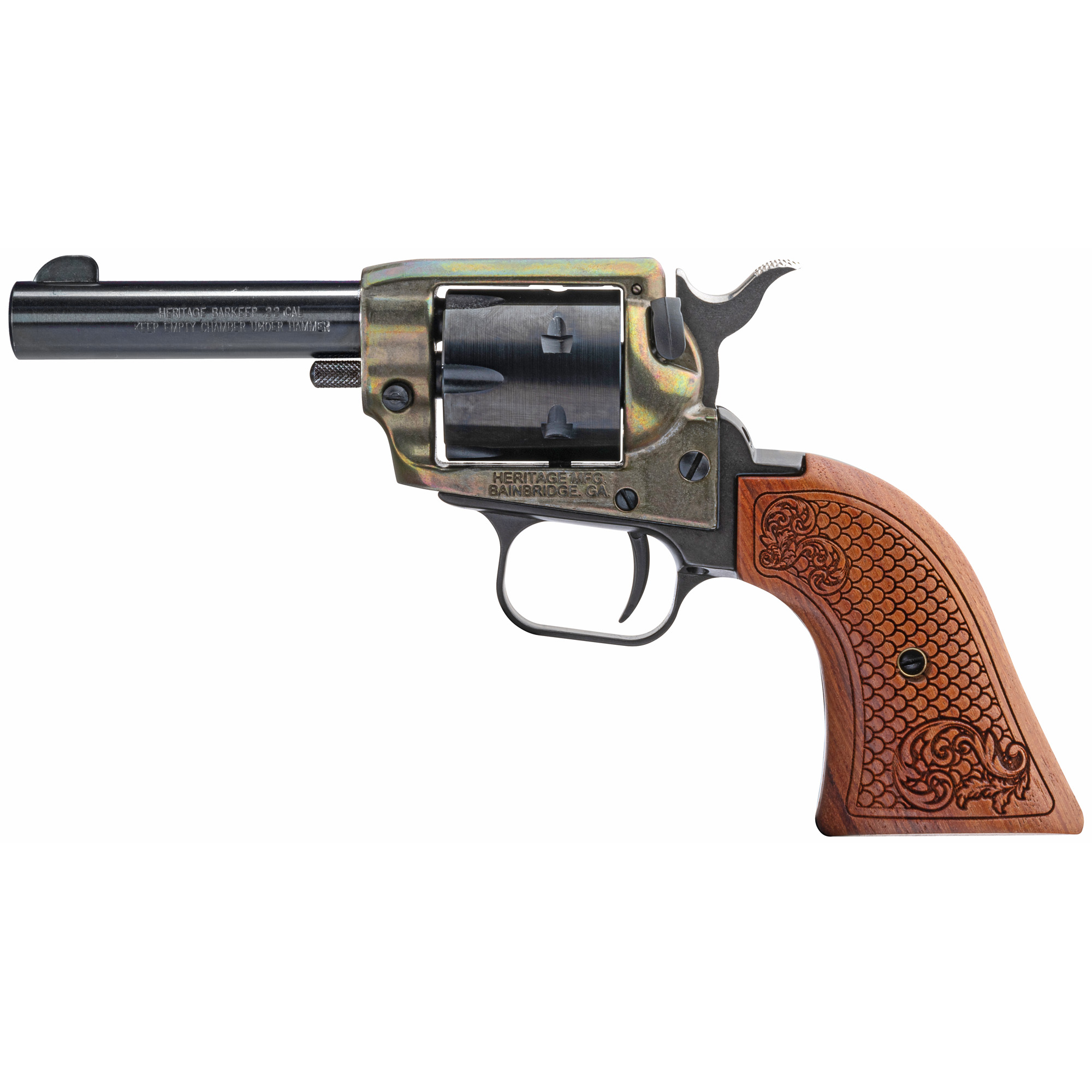 Heritage Barkeep 22 LR 6rd 3” Color Case Hardened Steel Frame Custom Scroll Wood Grip