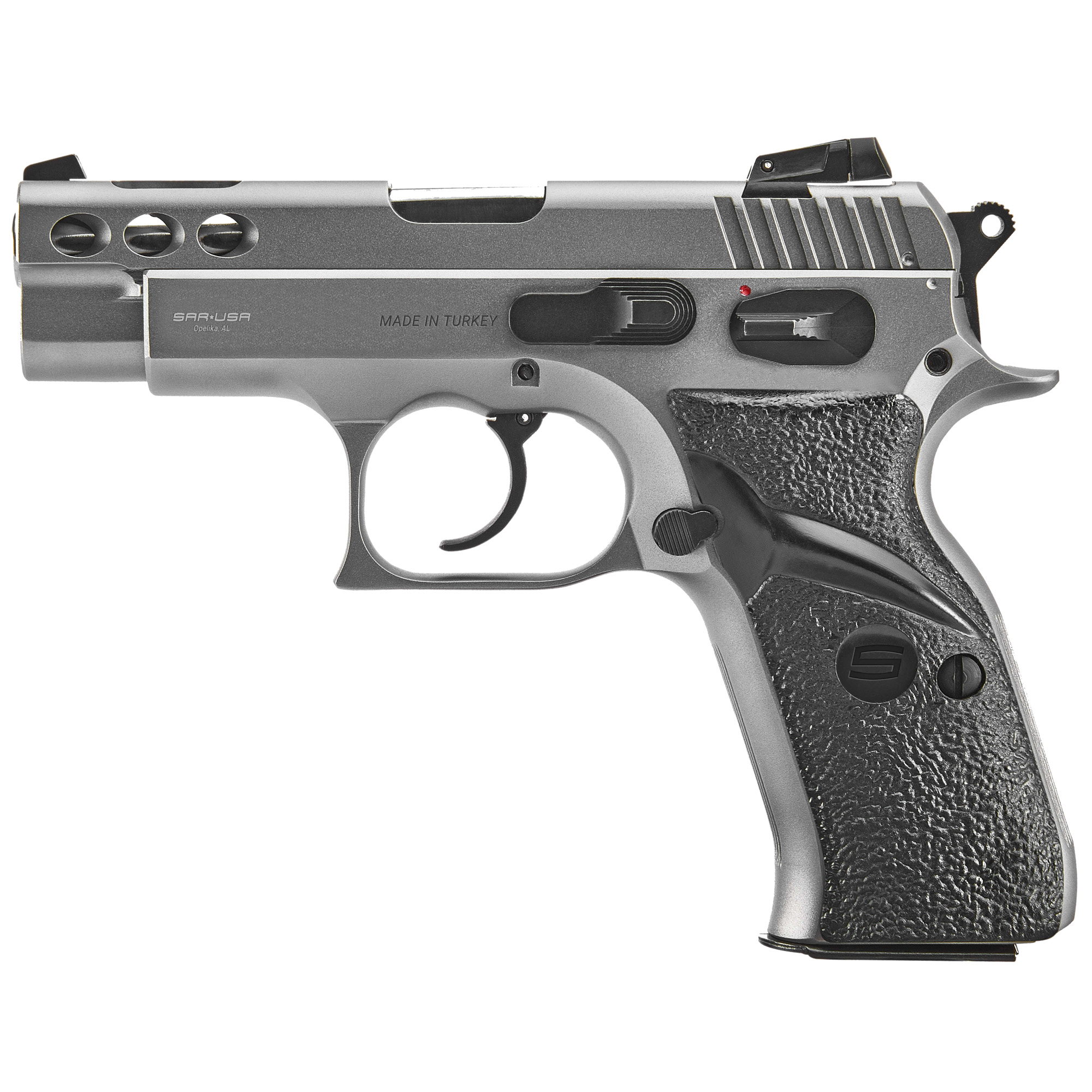 SAR USA P8SST P8S Compact Frame 9mm Luger 17+1 3.80” Black Ported Steel Barrel, Stainless Steel Ported/Serrated Slide, Steel Frame w/Beavertail, Black Polymer Grip, Right Hand