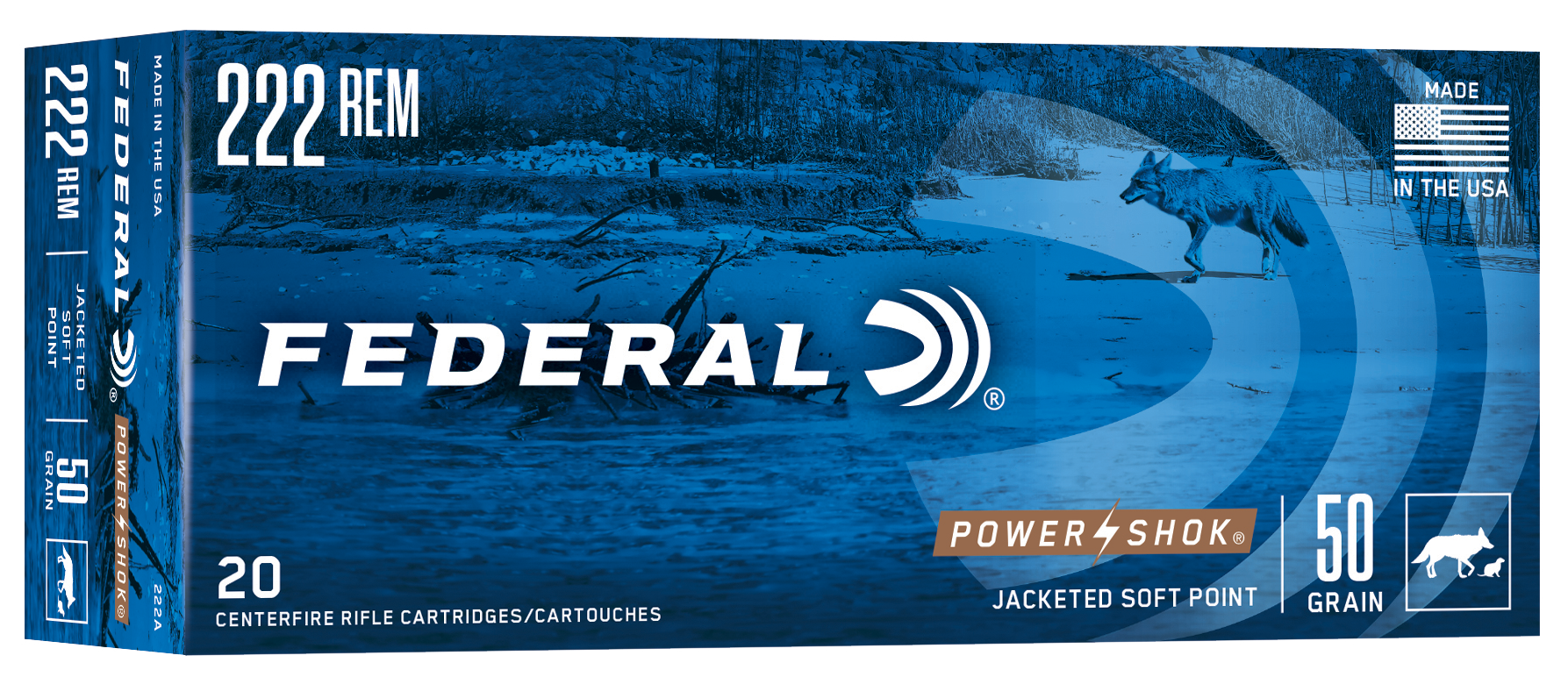Federal 222A Power-Shok 222 Rem 50gr Jacketed Soft Point 20rd - Box or Case