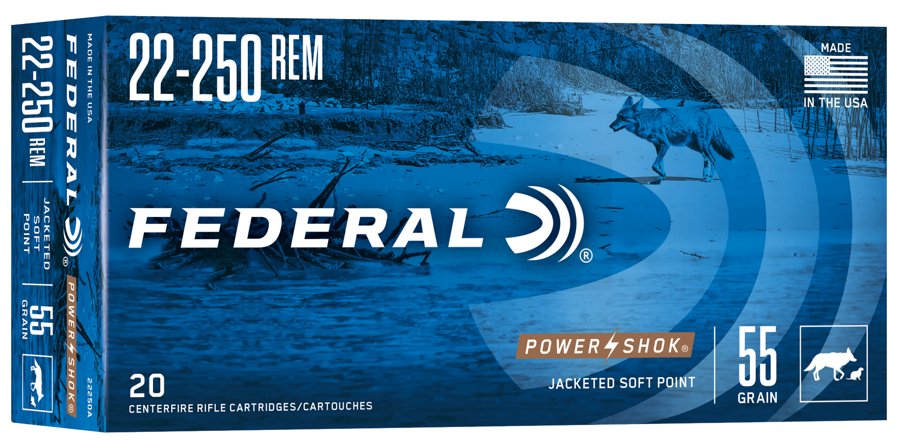 Federal Power-Shok 22-250 Rem 55gr Jacketed Soft Point 20rd - Box or Case