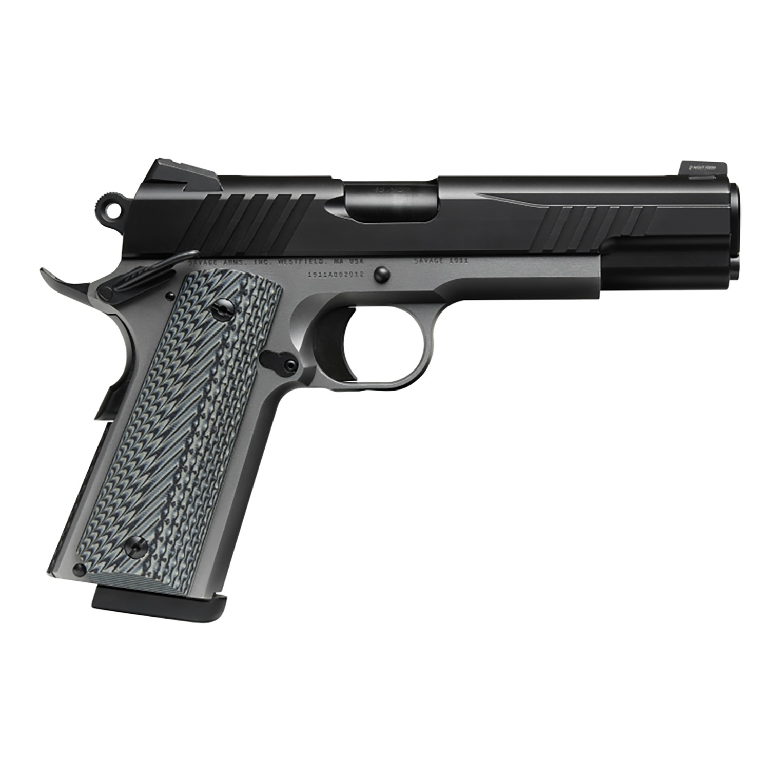 Savage Arms 67206 1911 Government 9mm Luger 10+1 5” Black Stainless Steel Barrel, Black Nitride Serrated Stainless Steel Slide, Stainless Steel Frame w/Beavertail, Black/Gray VZ Grip