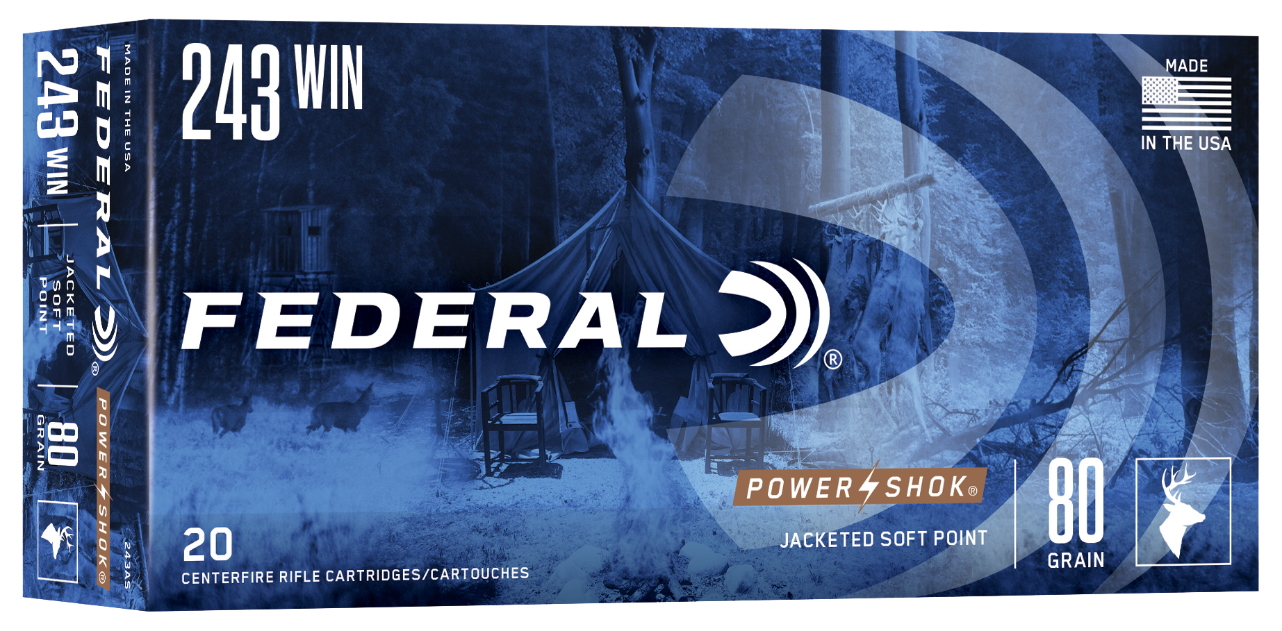 Federal Power-Shok 243 Win 80gr Jacketed Soft Point 20rd - Box or Case