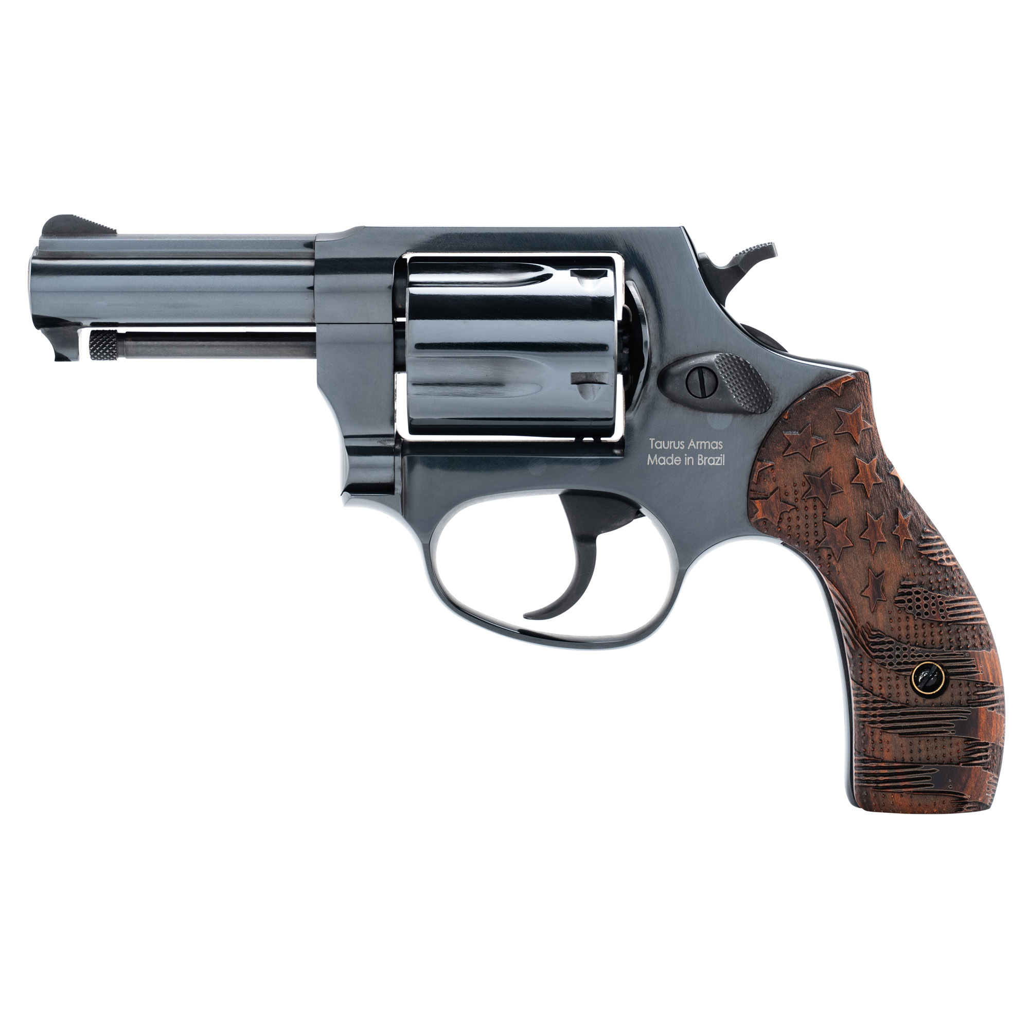 Heritage Mfg HR38B3-US1 Roscoe Small 38 Special +P 5 Shot 3” Black Polished Alloy Steel Barrel, Cylinder & Frame, Custom Designed Wood Grip w/Stars & Stripes, Transfer Bar Safety, Exposed Hammer