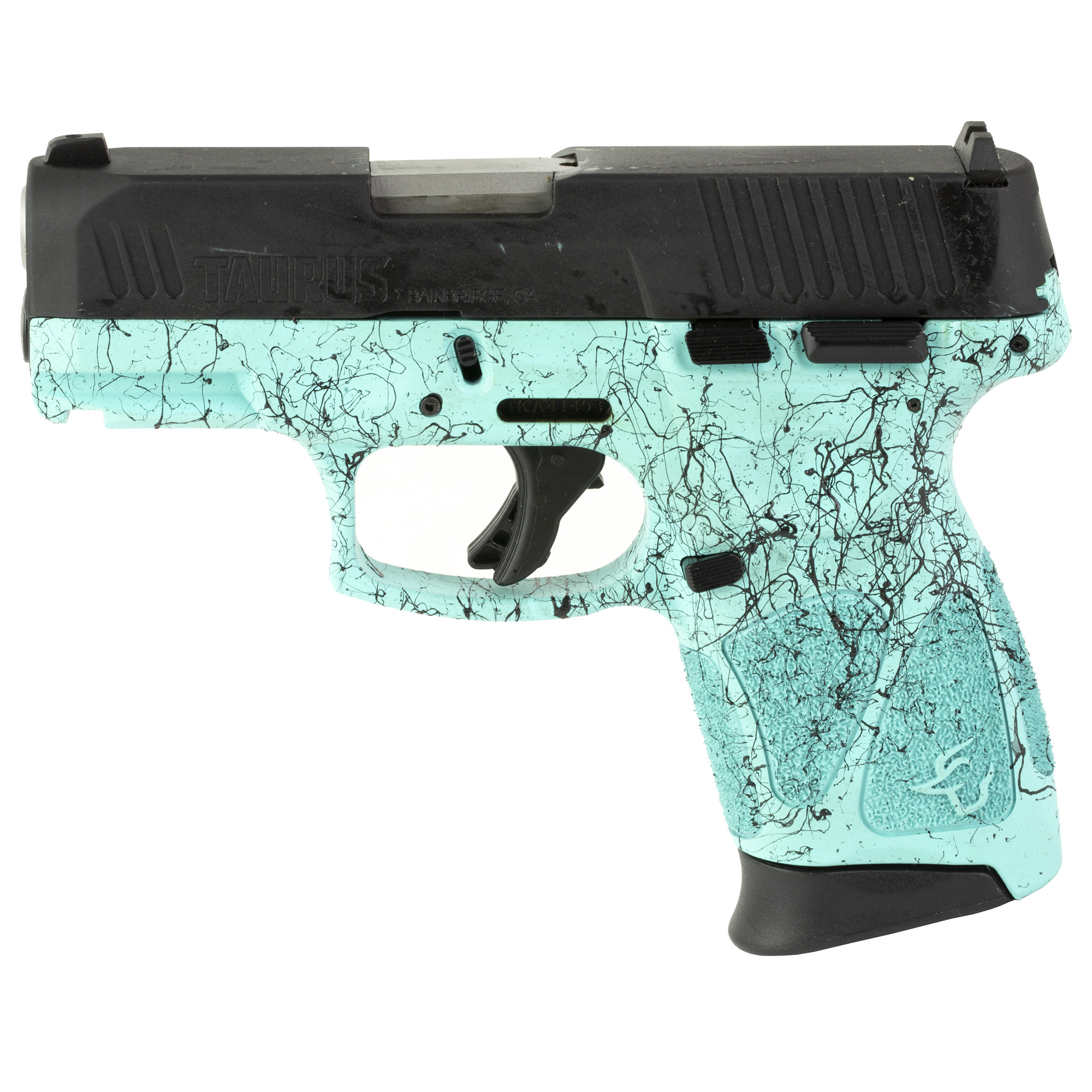 Taurus 1-G3C931-SP4 G3c 9mm Luger Caliber with 3.20” Barrel, 12+1 Capacity, Cyan Black Splatter Finish Picatinny Rail Frame, Serrated Matte Black Tenifer Steel Slide & Polymer Grip Includes 3 Mags