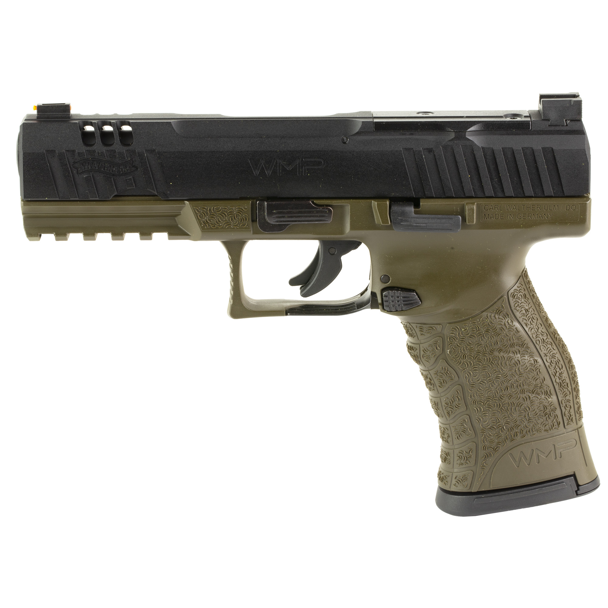 Walther Arms 5220307 WMP Full Size Frame 22 WMR 15+1 4.50” Black Steel Barrel, Black Optic Ready/Serrated Slide, OD Green Polymer Frame w/Picatinny Rail, Textured Polymer Grip